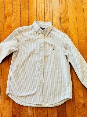 Boys Polo Ralph Lauren Button Down Shirt Blue White Stripe Long Sleeve Size 7
